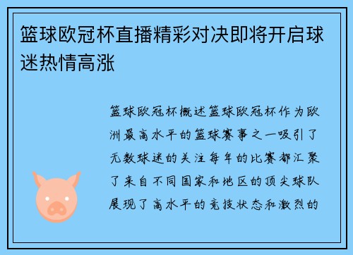 篮球欧冠杯直播精彩对决即将开启球迷热情高涨